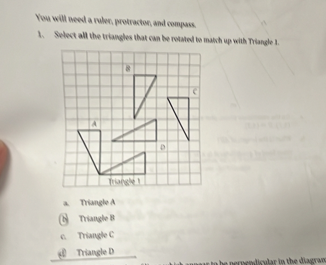 You will need a ruler, protractor, and compass.
1. Select all the triangles that can be rotated to match up with Triangle 1.
a. Triangle A
b Triangle B
c. Triangle C
d Triangle D
o be perpendicular in the diagram