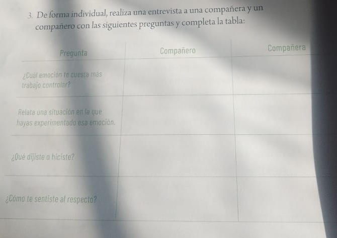 De forma individual, realiza una entrevista a una compañera y un 
compañero con las siguientes preguntas y completa la tabla: 
¿