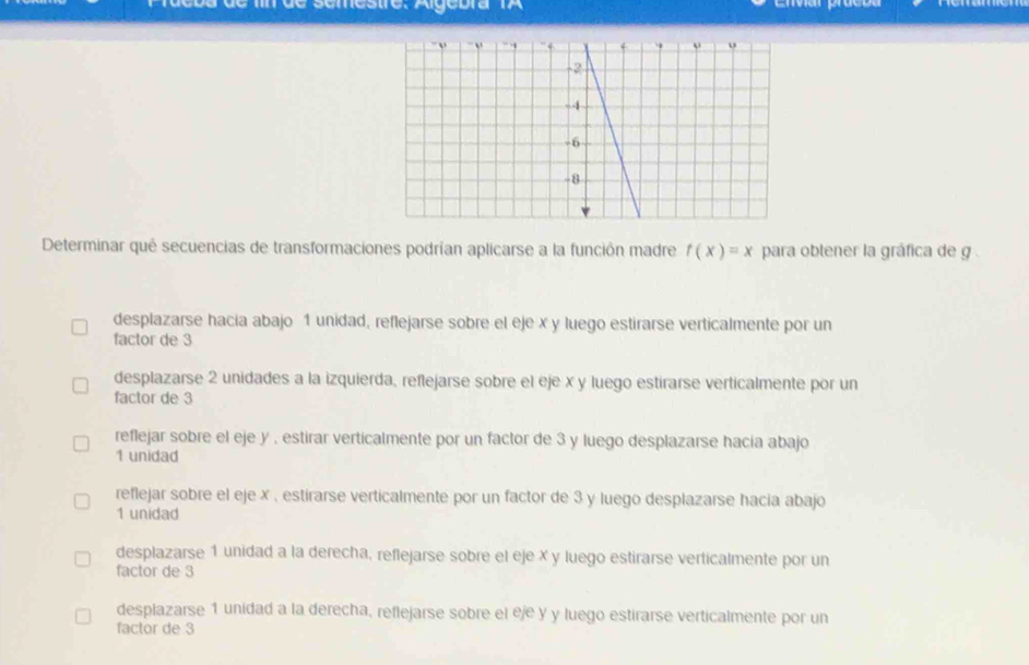 de semestre. Algebra TA
Determinar qué secuencias de transformaciones podrían aplicarse a la función madre t(x)=x para obtener la gráfica de g
desplazarse hacía abajo 1 unidad, reflejarse sobre el eje x y luego estirarse verticalmente por un
factor de 3
desplazarse 2 unidades a la izquierda, reflejarse sobre el eje x y luego estirarse verticalmente por un
factor de 3
reflejar sobre el eje y , estirar verticalmente por un factor de 3 y luego desplazarse hacía abajo
1 unidad
reflejar sobre el eje x , estirarse verticalmente por un factor de 3 y luego desplazarse hacia abajo
1 unidad
desplazarse 1 unidad a la derecha, reflejarse sobre el eje X y luego estirarse verticalmente por un
factor de 3
desplazarse 1 unidad a la derecha, reflejarse sobre el eje y y luego estirarse verticalmente por un
factor de 3