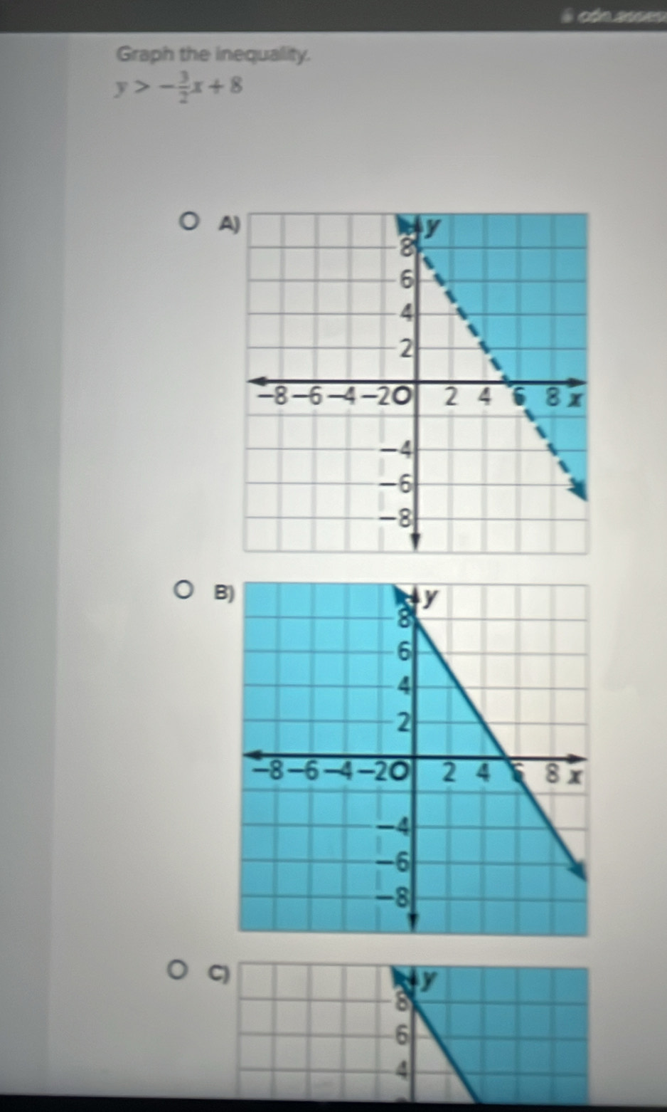 Graph the inequality.
y>- 3/2 x+8
A 
B 
C)
y
8
6
4