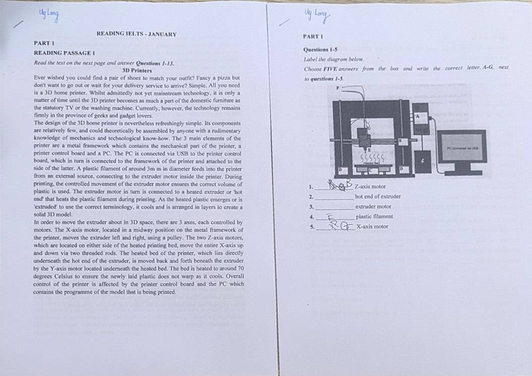 READING IELTS - JANUARY PART 1
PART 1
READING PASSAGE 1 Questions 1-5
Read the text on the next page and answer Questions 1-13. Label the diagram below
3D Printers Choose FIVE answers from the box and write the correct letter. A-G, next
Ever wished you could find a pair of shoes to match your outfit? Fancy a pizza but to questions 1-5.
don't want to go out or wait for your delivery service to arrive? Simple. All you need
is a 3D home printer. Whilst admittedly not yet mainstream technology, it is only a
matter of time until the 3D printer becomes as much a part of the domestic furniture as
the statutory TV or the washing machine. Currently, however, the technology remains
firmly in the province of geeks and gadget lovers. 
The design of the 3D home printer is nevertheless refreshingly simple. Its components
are relatively few, and could theoretically be assembled by anyone with a rudimentary
knowledge of mechanics and technological know-how. The 3 main elements of the
printer are a metal framework which contains the mechanical part of the printer, a
printer control board and a PC. The PC is connected via USB to the printer control
board, which in turn is connected to the framework of the printer and attached to the
side of the latter. A plastic filament of around 3m m in diameter feeds into the printer
from an external source, connecting to the extruder motor inside the printer. During
printing, the controlled movement of the extruder motor ensures the correct volume of Z-axis motor
、._
plastic is used. The extruder motor in turn is connected to a heated extruder or 'hot
2,
end' that heats the plastic filament during printing. As the heated plastic emerges or is _hot end of extruder
'extruded' to use the correct terminology, it cools and is arranged in layers to create a 3._ extruder motor
_
solid 3D model. plastic filament
In order to move the extruder about in 3D space, there are 3 axes, each controlled by X-axis motor
motors. The X-axis motor, located in a midway position on the metal framework of
5._
the printer, moves the extruder left and right, using a pulley. The two Z-axis motors,
which are located on either side of the heated printing bed, move the entire X-axis up
and down via two threaded rods. The heated bed of the printer, which lies directly
underneath the hot end of the extruder, is moved back and forth beneath the extruder
by the Y-axis motor located underneath the heated bed. The bed is heated to around 70
degrees Celsius to ensure the newly laid plastic does not warp as it cools. Overall
control of the printer is affected by the printer control board and the PC which
contains the programme of the model that is being printed.