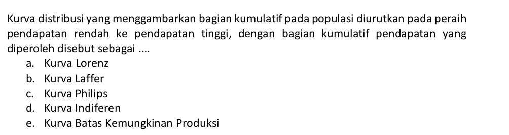 Kurva distribusi yang menggambarkan bagian kumulatif pada populasi diurutkan pada peraih
pendapatan rendah ke pendapatan tinggi, dengan bagian kumulatif pendapatan yang
diperoleh disebut sebagai ....
a. Kurva Lorenz
b. Kurva Laffer
c. Kurva Philips
d. Kurva Indiferen
e. Kurva Batas Kemungkinan Produksi