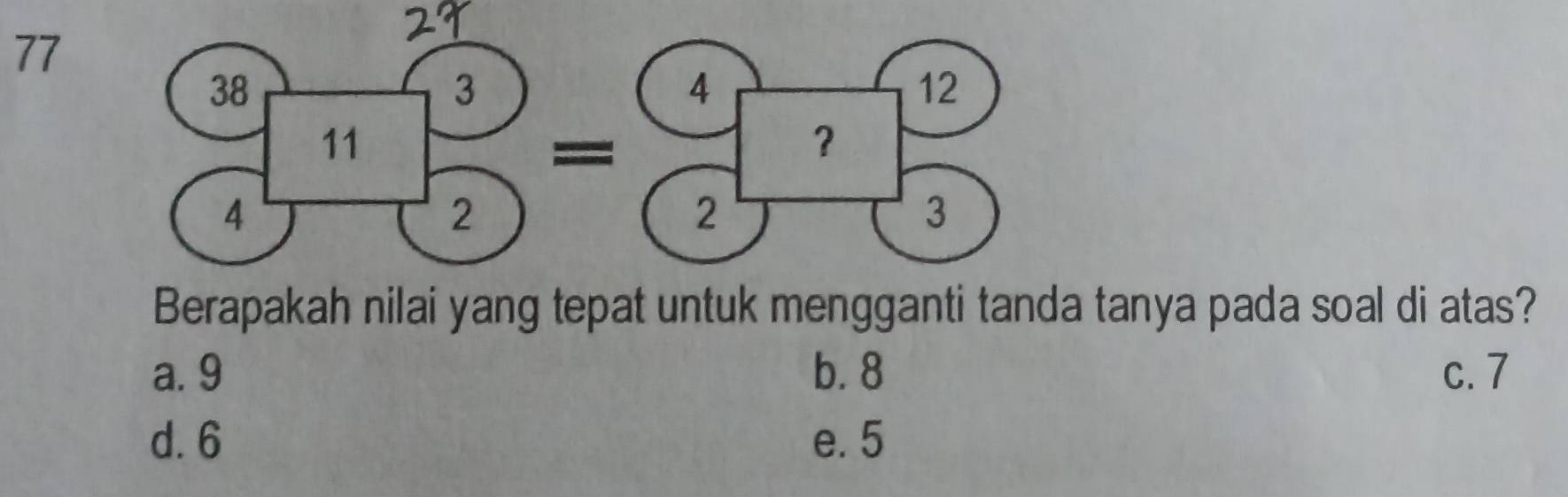 Berapakah nilai yang tepat untuk mengganti tanda tanya pada soal di atas?
a. 9 b. 8 c. 7
d. 6 e. 5