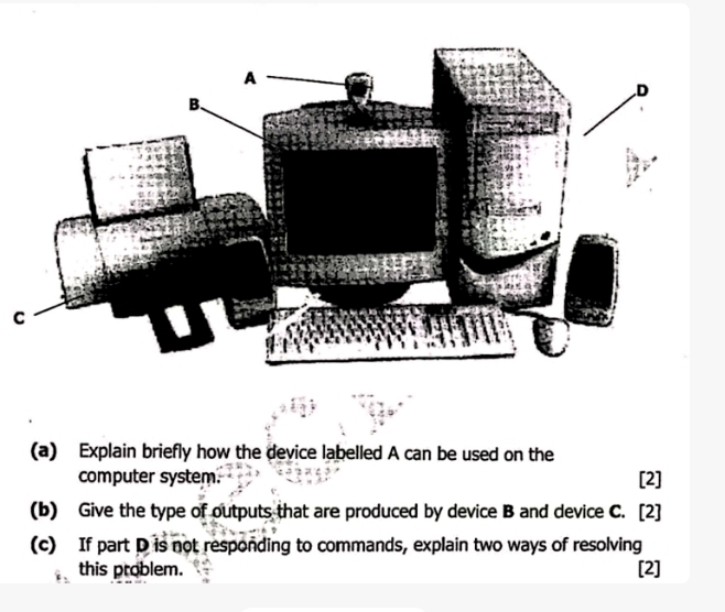 Explain briefly how the device labelled A can be used on the 
computer system. [2] 
(b) Give the type of outputs that are produced by device B and device C. [2] 
(c) If part D is not responding to commands, explain two ways of resolving 
this problem. [2]