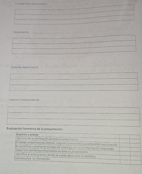 Investigación experimental 
Experimentc: 
Variable dependiente: 
Varlable independiente 
Evaluación formativa de la presentación: