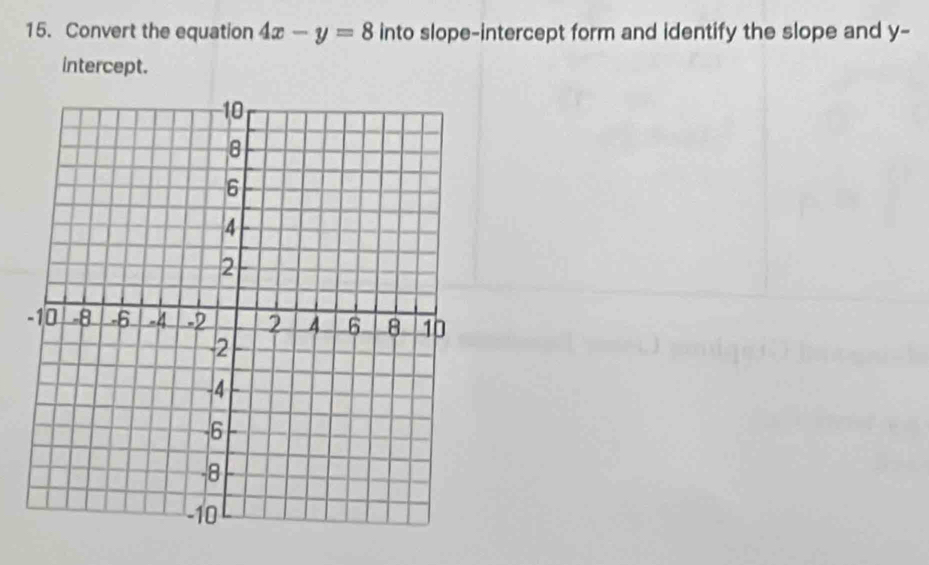 Convert the equation 4x-y=8 into slope-intercept form and identify the slope and y - 
intercept.