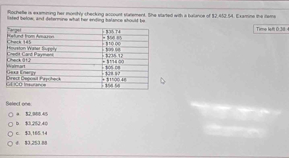 Rochelle is examining her monthly checking account statement. She started with a balance of $2,452.54. Examine the items
listed below, and determine what her ending balance should be.
Time left 0:38
Select one.
a $2,988.45
b $3,252,40
c. $3,165.14
d. $3,253.88