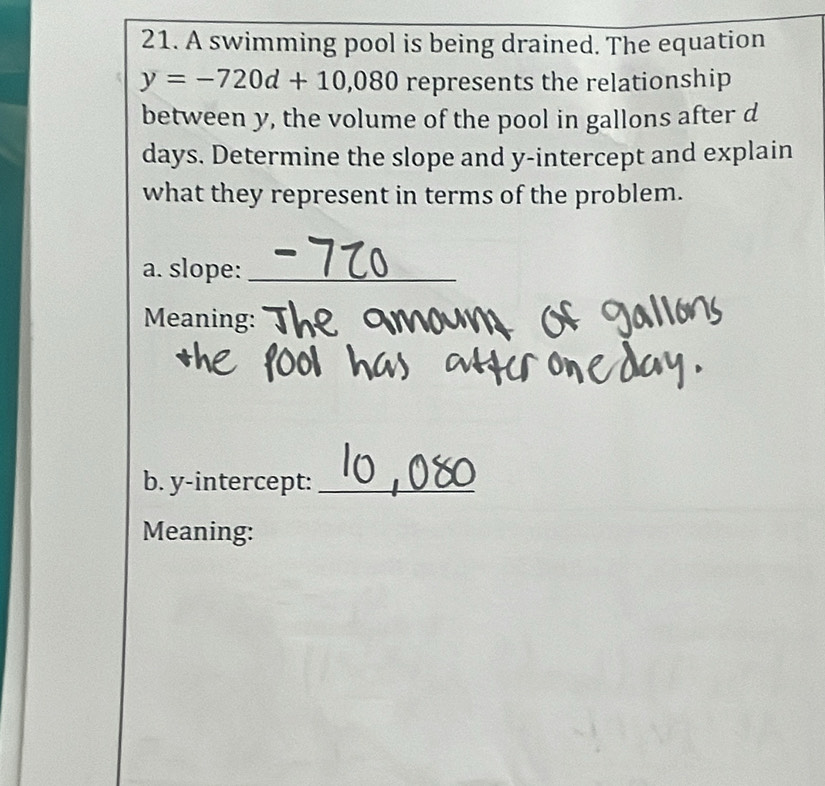 A swimming pool is being drained. The equation
y=-720d+10,080 represents the relationship 
between y, the volume of the pool in gallons after d
days. Determine the slope and y-intercept and explain 
what they represent in terms of the problem. 
a. slope:_ 
Meaning: 
b. y-intercept:_ 
Meaning: