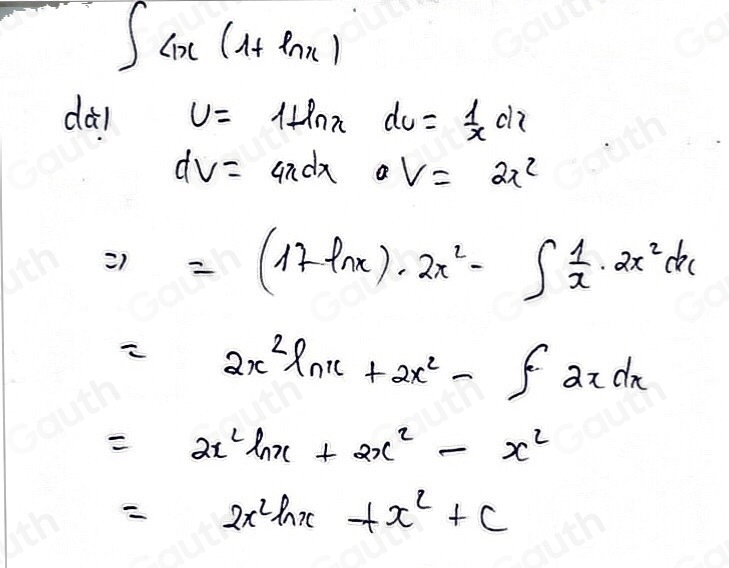 ∈t
dàl U=1+ln xdu= 1/x dx
dV=4xdxaV=2x^2
Rightarrow =(17ln x)· 2x^2-∈t  1/x · 2x^2dx
=2x^2ln x+2x^2-∈t 2xdx
=2x^2ln x+2x^2-x^2
=2x^2ln x+x^2+c