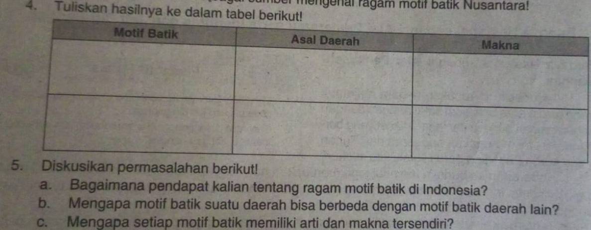 mengenal ragam motif batik Nusantara! 
4. Tuliskan hasilnya ke dalam tabel 
a. Bagaimana pendapat kalian tentang ragam motif batik di Indonesia? 
b. Mengapa motif batik suatu daerah bisa berbeda dengan motif batik daerah lain? 
c. Mengapa setiap motif batik memiliki arti dan makna tersendiri?