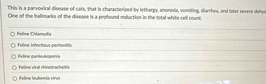 This is a parvoviral disease of cats, that is characterized by lethargy, anorexia, vomiting, diarrhea, and later severe dehyd
One of the hallmarks of the disease is a profound reduction in the total white cell count.
Feline Chlamydia
Feline infectious peritonitis
Feline panleukopenia
Feline viral rhinotracheitis
Feline leukemia virus