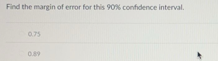 Find the margin of error for this 90% confdence interval.
0.75
0.89