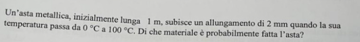 Un’asta metallica, inizialmente lunga 1 m, subisce un allungamento di 2 mm quando la sua 
temperatura passa da 0°C a 100°C. Di che materiale è probabilmente fatta l’asta?