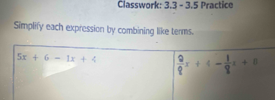 Classwork: 3.3 - 3.5 Practice
Simplify each expression by combining like terms.