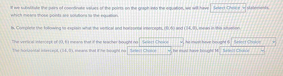 If we substitute the pairs of coordinate values of the points on the graph into the equation, we will have Select Choice ν statements 
which means those points are solutions to the equation. 
b. Complete the following to explain what the vertical and horizontal intercepts, (0,6) and (14,0) , mean in this situation. 
The vertical intercept of (0,6) means that if the teacher bought no Select Choice , he must have bought 6 Select Choice 
The horizontal intercept, (14,0) , means that if he bought no Select Choice , he must have bought 14 Select Choice