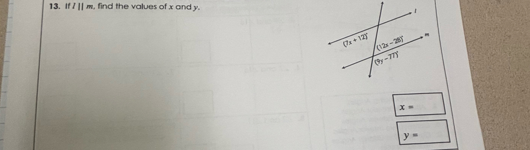 If l||m , find the values of x and y.
x=
y=