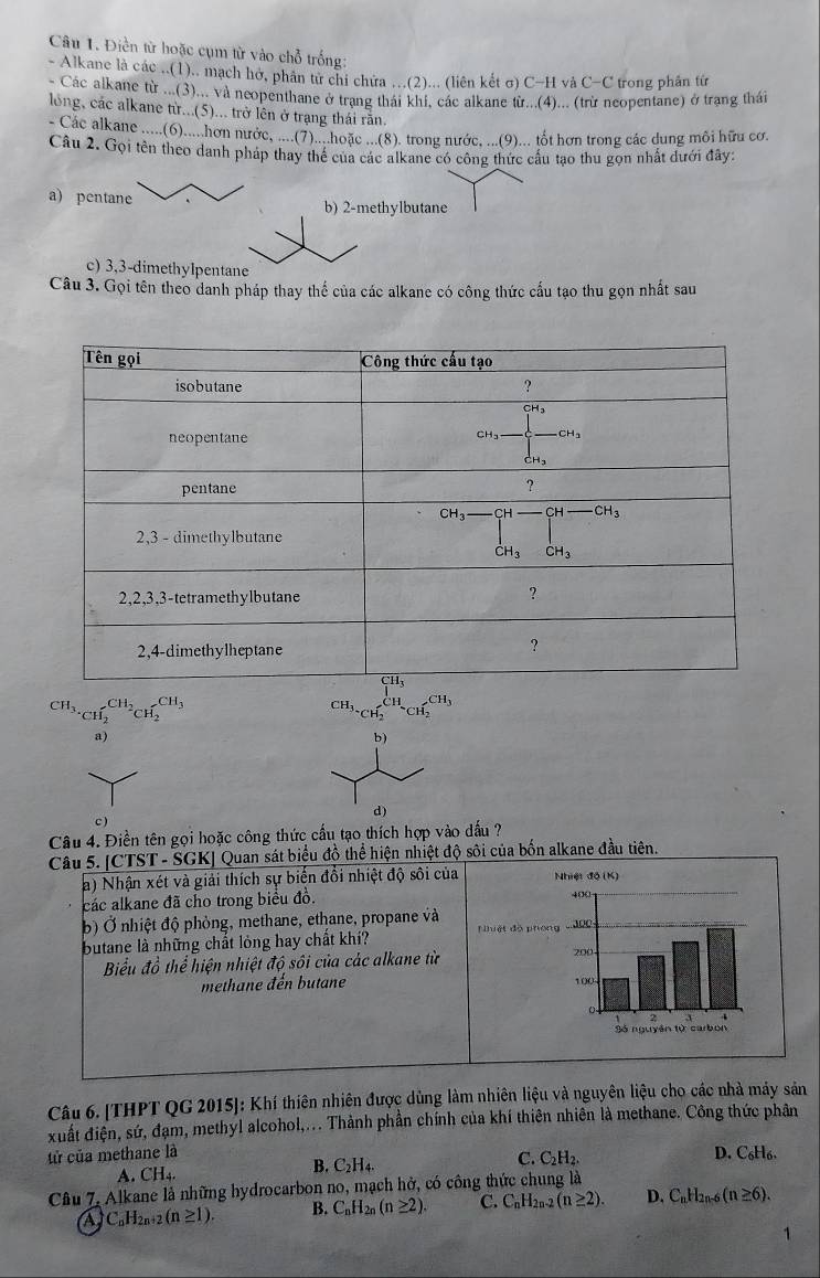 Điền từ hoặc cụm từ vào chỗ trống:
Alkane là các ..(1).. mạch hơ, phân từ chi chứa ...(2)... (liên kết σ) C-H và C-C trong phần từ
- Các alkane từ ...(3)... và neopenthane ở trạng thái khi, các alkane từ...(4)... (trừ neopentane) ở trạng thái
loông, các alkane từ...(5)... trở lên ở trạng thái răn.
- Các alkane .....(6).....hơn nước, ....(7)....hoặc ...(8). trong nước, ...(9)... tốt hơn trong các dung môi hữu cơ
Câu 2. Gọi tên theo danh pháp thay thể của các alkane có công thức cầu tạo thu gọn nhất dưới đây:
a) pentane b) 2-methylbutane
c) 3,3-dimethyIpentane
Câu 3. Gọi tên theo danh pháp thay thế của các alkane có công thức cấu tạo thu gọn nhất sau
CH_3.CH_2^((CH_2))CH_2^((CH_3))
CH_3+CH_2CH_+CH_2CH_3
a)
b)
d)
c)
Câu 4. Điền tên gọi hoặc công thức cấu tạo thích hợp vào dấu ?
Câu 5. [CTST - SGK] Quan sát biểu đồ thể hiện nhiệt độ sôi của bốn alkane đầu tiên.
a) Nhận xét và giải thích sự biến đổi nhiệt độ sôi của 
các alkane đã cho trong biểu đồ. 
b) Ở nhiệt độ phòng, methane, ethane, propane và Nhiệt đã ph
butane là những chất lỏng hay chất khí? 
Biểu đồ thể hiện nhiệt độ sôi của các alkane từ
methane đến butane 
Câu 6. THPT QG 2015]: Khí thiên nhiên được dùng làm nhiên liệu và nguyên liệu cho các nhà máy sản
xuất điện, sứ, đạm, methyl alcohol,... Thành phần chính của khí thiên nhiên là methane. Công thức phân
tử của methane là D. C_6H_6.
A. CH_4.
B. C_2H_4.
C. C_2H_2.
Câu 7, Alkane là những hydrocarbon no, mạch hở, có công thức chung là
A) CnH2n+2 (n≥ 1). B. C_nH_2n(n≥ 2). C. C_nH_2n-2(n≥ 2). D. C_nH_2n-6(n≥ 6).