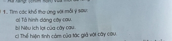 a rang : ( chím non) v u a h 
1. Tìm các khổ thơ ứng với mỗi ý sau: 
a) Tả hình dáng cây cau. 
b) Nêu ích lợi của cây cau. 
c) Thể hiện tinh cảm của tác giả với cây cau.