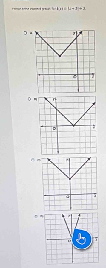 Choose the correct graph for k(x)=|x+3|+3
A) 
6) 
。 
D