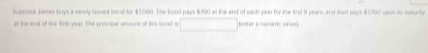 Suppose James buys a newly issued bond for $7,000. The bond pays $700 at the end of each year for the first 9 years, and then pays $7.700 upon its maturey 
at the end of the 10th year. The principal amount of this bond is (enter a numéric value).