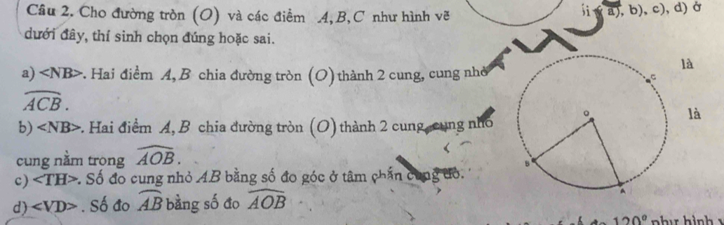 Cho đường tròn (O) và các điểm 4, B, C như hình vẽ 
a),b),c),d) Ở 
dưới đây, thí sinh chọn đúng hoặc sai. 
a) *. Hai điểm A, B chia đường tròn (O) thành 2 cung, cung nhờ
widehat ACB. 
à 
b) 2. Hai điểm A, B chia đường tròn (O) thành 2 cung cùng nhỏ 
cung nằm trong widehat AOB. 
c) ∠ TH> * Số đo cung nhỏ AB bằng số đo góc ở tâm chấn cùng đỏ. 
d) ∠ VD>. Số đo widehat AB bằng số đo widehat AOB
120°