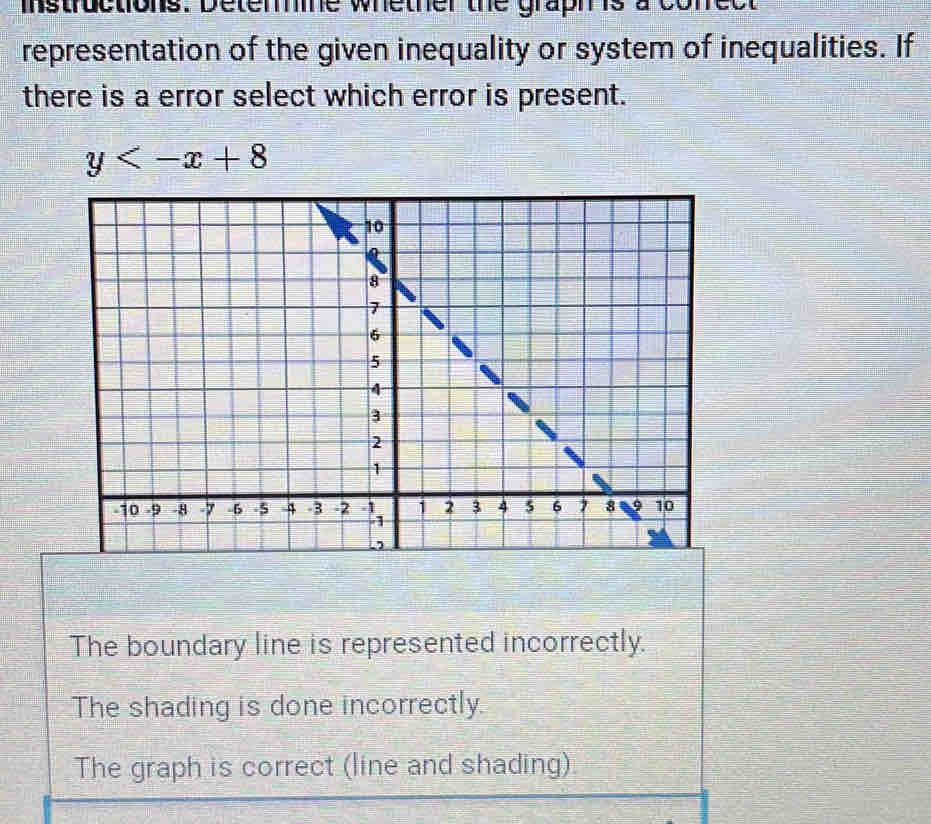 instructions. Deterine whether the graph is a conect
representation of the given inequality or system of inequalities. If
there is a error select which error is present.
y
The boundary line is represented incorrectly.
The shading is done incorrectly.
The graph is correct (line and shading).