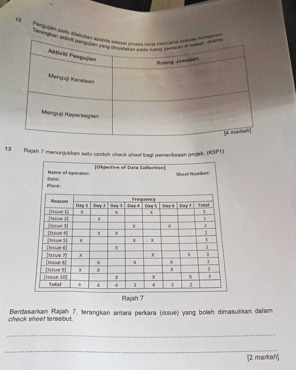 Pengujian perlu dilakuonen 
Terangkan 
13 Rajah 7 menunjukkan satu contoh check sheet bagi pemeriksaan projek. (K5P1) 
Rajah 7 
Berdasarkan Rajah 7, terangkan antara perkara (issue) yang boleh dimasukkan dalam 
check sheet tersebut. 
_ 
_ 
[2 markah]