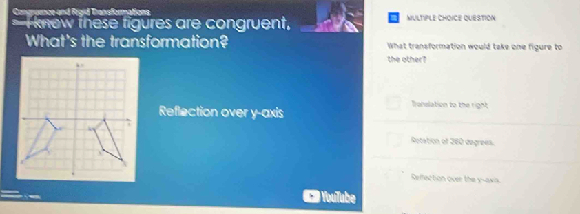 know these figures are congruent,
MULTIPLE CHOICE QUESTION
What's the transformation? What transformation would take one figure to
the other?
Reflection over y-axis
Iranslation to the right
Rotation of 360 degrees.
Reflection over the y-axis.
)YouTube