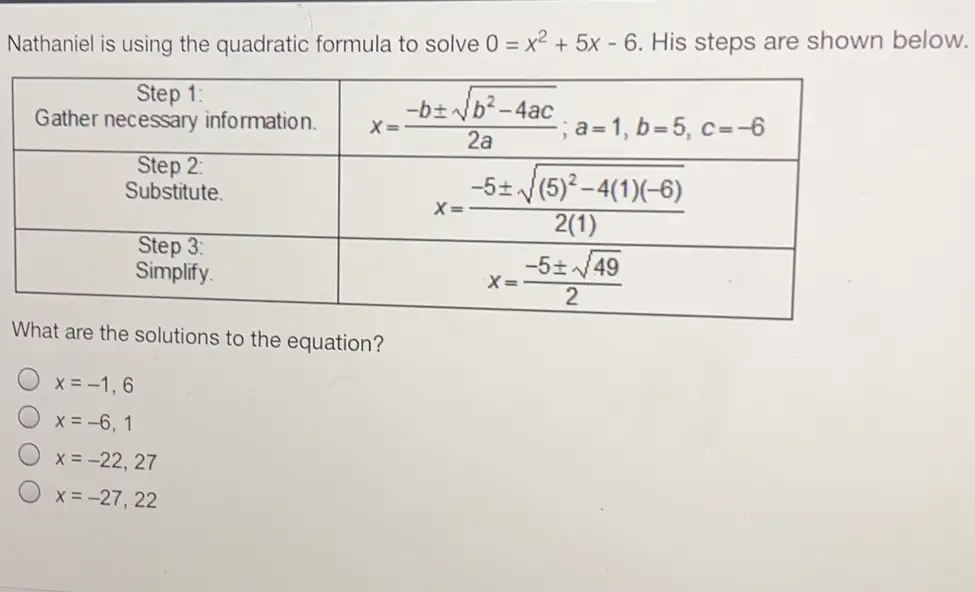 Solved: Nathaniel is using the quadratic formula to solve 0=x^2+5x-6 ...