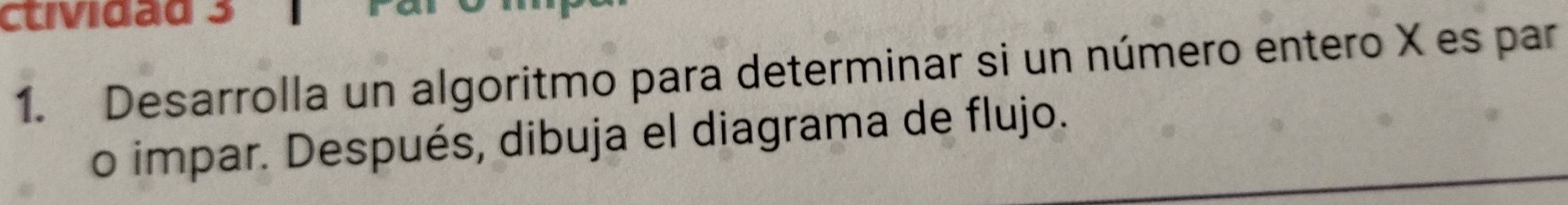 ctividad 3 
1. Desarrolla un algoritmo para determinar si un número entero X es par 
o impar. Después, dibuja el diagrama de flujo.