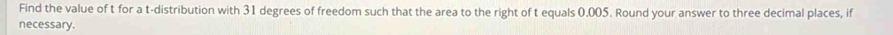 Find the value of t for a t-distribution with 31 degrees of freedom such that the area to the right of t equals 0.005. Round your answer to three decimal places, if 
necessary.
