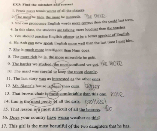 EX3: Find the mistakes and correct 
1. Frank plays tennis worse of all the players 
2. The most he tries, the more he succeeds 
3. She can pronounce English words more correct than she could last term. 
4. In this class, the students are talking more loudlier than the teacher. 
5. You should practise English oftener to be a better speaker of English. 
6. Ha Anh can now speak English more well than the last time I met him. 
7. She is much more intelligent than Nam does. 
8. The more rich he is, the more miserable he gets. 
9. The harder we studied, the most confused we got. 
10. The maid was careful to keep the room cleanly. 
11. The last story was as interested as the other ones. 
12. Mr. Slater's house is biger than ours. 
13. That brown chair is most comfortable than this one. 
14. Lan is the most pretty of all the girls. 
15. That lesson is a most difficult of all the lessons. 
16. Does your country have worse weather as this? 
17. This girl is the most beautiful of the two daughters that he has.