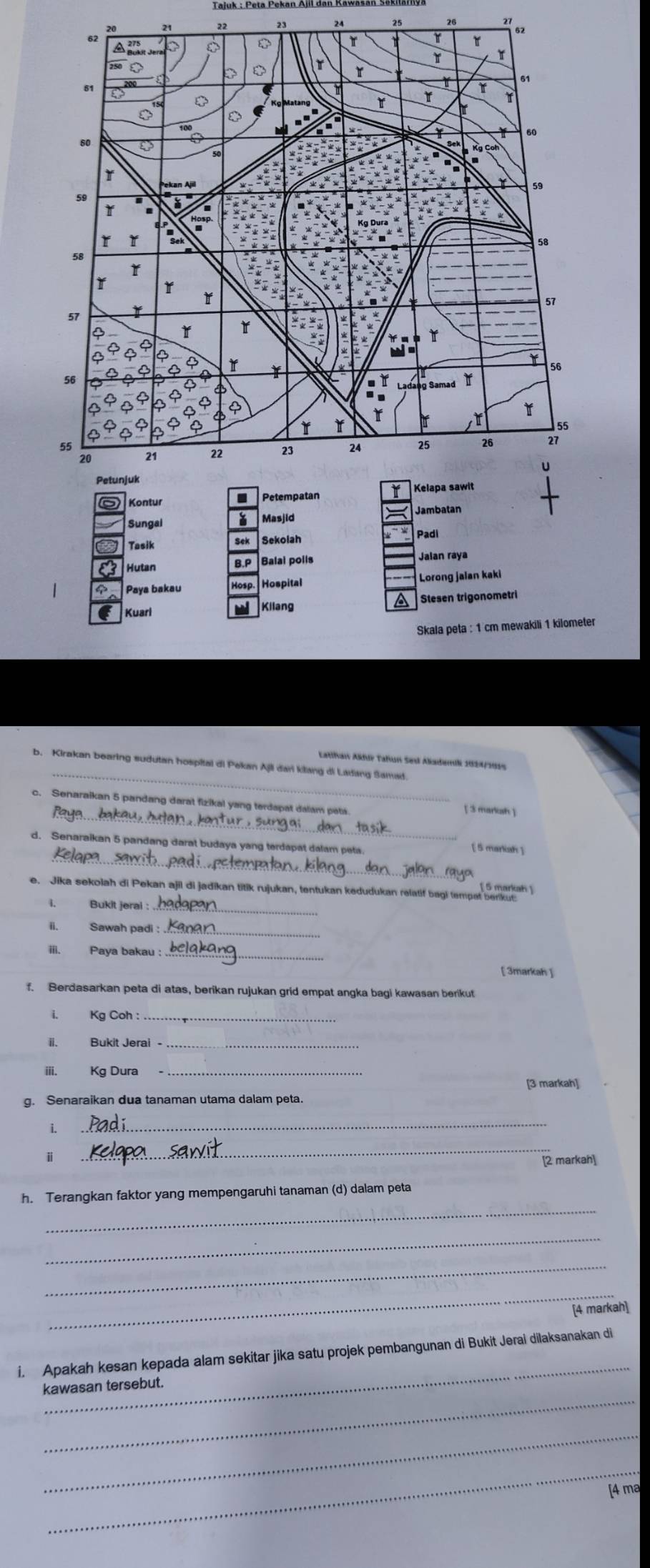 21 22
24 25
Sungai 
Tasik Sek Sekolah 
Hutan B.P Balai poils Jalan raya 
Paya bakau Hospital Lorong jalan kaki 
Kuari Kilang a Stesen trigonometri 
Skala peta : 1 cm mewakili 1 kilometer
_ 
Latihan Alfr Tahun Sax Aliademii 1024/1015 
b. Kirakan bearing sudutan hospital di Pekan Ajli dari klang di Ladang Samad 
_ 
c. Senaraikan 5 pandang darat fizikal yang terdapat dalam pets [3 mariah ] 
_ 
d. Senaraikan 5 pandang darat budaya yang terdapat dalam peta. 
[ 5 markah ] 
_ 
e. Jika sekolah di Pekan ajil di jadikan titik rujukan, tentukan kedudukan relatif bagi tempat a areh 
_ 
Bukit jeral : 
_ 
ii. Sawah padi 
_ 
iii. Paya bakau 
[ 3markah ] 
f. Berdasarkan peta di atas, berikan rujukan grid empat angka bagi kawasan berikut 
i. Kg Coh :_ 
ii. Bukit Jerai-_ 
i. Kg Dura 
[3 markah] 
g. Senaraikan dua tanaman utama dalam peta. 
i. 
_ 
ⅱ 
_ 
[2 markah] 
_ 
h. Terangkan faktor yang mempengaruhi tanaman (d) dalam peta 
_ 
_ 
_ 
[4 markah 
_ 
i. Apakah kesan kepada alam sekitar jika satu projek pembangunan di Bukit Jerai dilaksanakan di 
_ 
kawasan tersebut. 
_ 
_ 
[4 ma