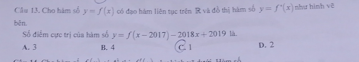 Cho hàm số y=f(x) có đạo hàm liên tục trên R và đồ thị hàm số y=f'(x) như hình vẽ
bên.
Số điểm cực trị của hàm số y=f(x-2017)-2018x+2019 là.
A. 3 B. 4 C. 1 D. 2