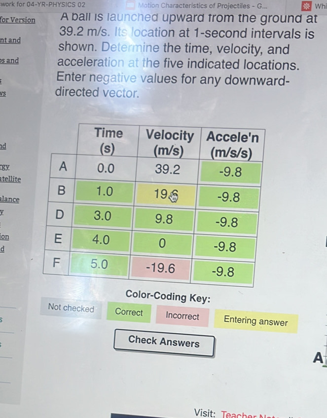 work for 04-YR-PHYSICS 02 Motion Characteristics of Projectiles - G... * Whi 
for Version A ball is launched upward from the ground at
39.2 m/s. Its location at 1-second intervals is 
nt and shown. Determine the time, velocity, and 
s and acceleration at the five indicated locations. 
Enter negative values for any downward- 
VS directed vector. 
d 
rgy 
atellite 
alance 

ion 
d 
_ 
Color-Coding Key: 
Not checked Correct Incorrect Entering answer 
_ 
Check Answers 
_ 
A 
_