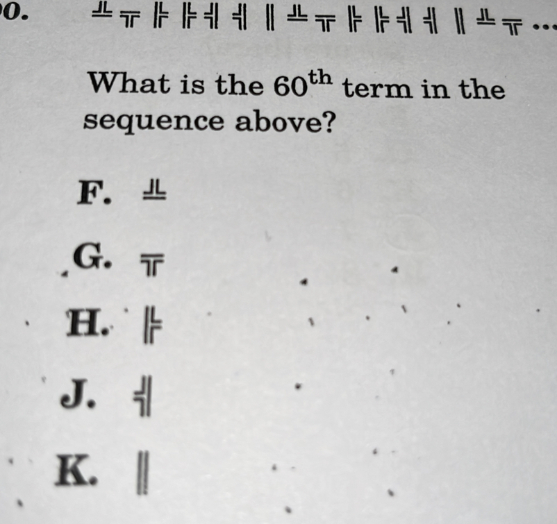 トト; ; Ⅱトト ; Ⅱ ·
What is the 60^(th) term in the
sequence above?
F.
G. π
H.
J.
K. 1=