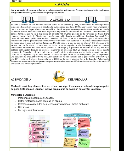 NATURAL.
Actividades
Lee la siguiente información sobre las principales sequias historicas en Ecuador, posteriormente, realiza una
infografía informativa y creativa con los principales puntos.
La SEqUÍa HIStórica
Se tiene evidencias en la Costa del Ecuador, como en las del Perú y Chile, zonas donde ha habido periodos
largos que han cubierto con suelo sepultando civilizaciones que hace 5000 años ya eran muy avanzadas y.
muchos autores atribuyen el desastre a cambios climáticos que causaron particularmente seguía temporal y
en ciertos casos desertificación, que originaron migraciones importantes en América. Modernamente se
conoce también que ya en la República, en el Siglo XIX, muchos pueblos de la Peninsula de Santa Elena
emigraron hacia el valle del Río Javita y otros fueron a poblar las riberas del Estero Salado en Guayaquil. Si se
revisa el crecimiento poblacional de las provincias del Ecuador, se va a encontrar que la dinámica de la
movilidad se origina generalmente en las provincias donde se van agotando las fuentes ancestrales de agua.
Se puede citar el caso del cantón Jipijapa en Manabí, donde, a más de ser, en el año 1810, el cantón más
extenso de su Provincia, contaba una población 3 veces superior al de Portoviejo y con abundantes.
manantiales cercanos. En 1950 ya se iqualaba a Portoviejo, y la provincia de Manabí era la segunda más
poblada del Ecuador después de Guayas. Finalmente, en el censo 2001 ya Manabi ocupa el tercer puesto
después de Pichincha y Guayas, mientras el cantón Jipijapa disminuyó en población respecto de otros
cantones de su provincia y no tiene fuentes cercanas de agua. Como se ha dicho, en el siglo XX se presentó
una seguía de 13 años, entre 1960 y 1972, que solamente ha sido iqualada por la que llevamos entre 1993 y el
año 2011, esto es 8 años, interrumpida en el 2008 por lluvias originadas fuera del Ecuador. Actualmente
Ecuador atraviesa una de las peores seguías en décadas, con un déficit de Iluvias en 2023. La cual ha
provocado una serie de problemas.
ACTIVIDADES A DESARROLLAR.
Mediante una infografía creativa, determina los aspectos mas relevantes de las principales
sequias históricas en Ecuador. Incluye propuestas de solución para evitar la sequía.
Materiales a utilizarse:
Imágenes de sequias en Ecuador.
Datos históricos sobre sequias en el país.
Referencias a medidas de prevención y cuidado al medio ambiente.
Cartulinas
Burbujas de información
La tilde diacrítica
infografía paso a paso  Cómo hacer una    -
Mi
1 Define elœm de le lm lognaf e ==     =
2           
_ 
B   É             
B =      Dể
de inografía. Elice un sps
.
imografía Diseña la Ee banata ward d        
             
== ==
C