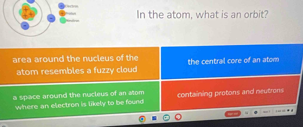 In the atom, what is an orbit?
area around the nucleus of the
the central core of an atom
atom resembles a fuzzy cloud
a space around the nucleus of an atom
containing protons and neutrons
where an electron is likely to be found
34 ७