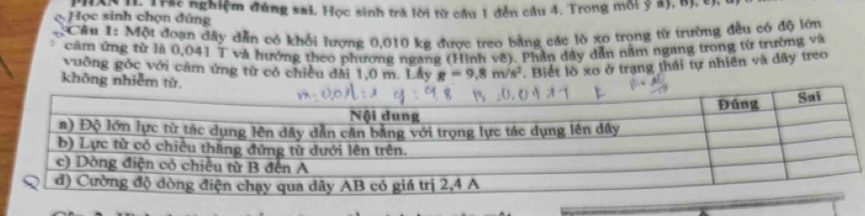 Học sinh chonc nghiệm đúng sai. Học sinh trả lời từ cầu 1 đến cầu 4. Trong môi y a), 6), c), 
Học sinh chọn đún 
* Câu 1: Một đoạn dây dẫn có khối lượng 0,010 kg được treo bằng các lò xo trong từ trường đều có độ lớn 
căm ứng từ là 0,041 T và hướng theo phương ngang (Hình vẽ). Phần dây dẫn nằm ngang trong từ trường và 
vuỡng góc với cảm ứng từ có chiều đài 1,0 m. Lây g=9.8m/s^2. Biết lò xo ở trạng thái tự nhiên và dây treo 
không nhiễm từ.