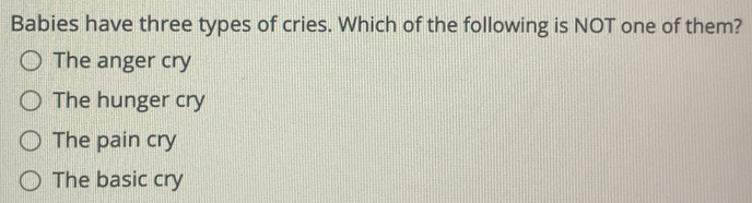 Solved: Babies have three types of cries. Which of the following is NOT ...