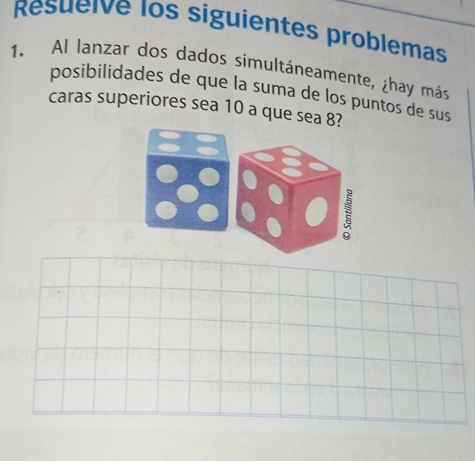 Resuelve los siguientes problemas 
1. Al lanzar dos dados simultáneamente, ¿hay más 
posibilidades de que la suma de los puntos de sus 
caras superiores sea 10 a que sea 8?