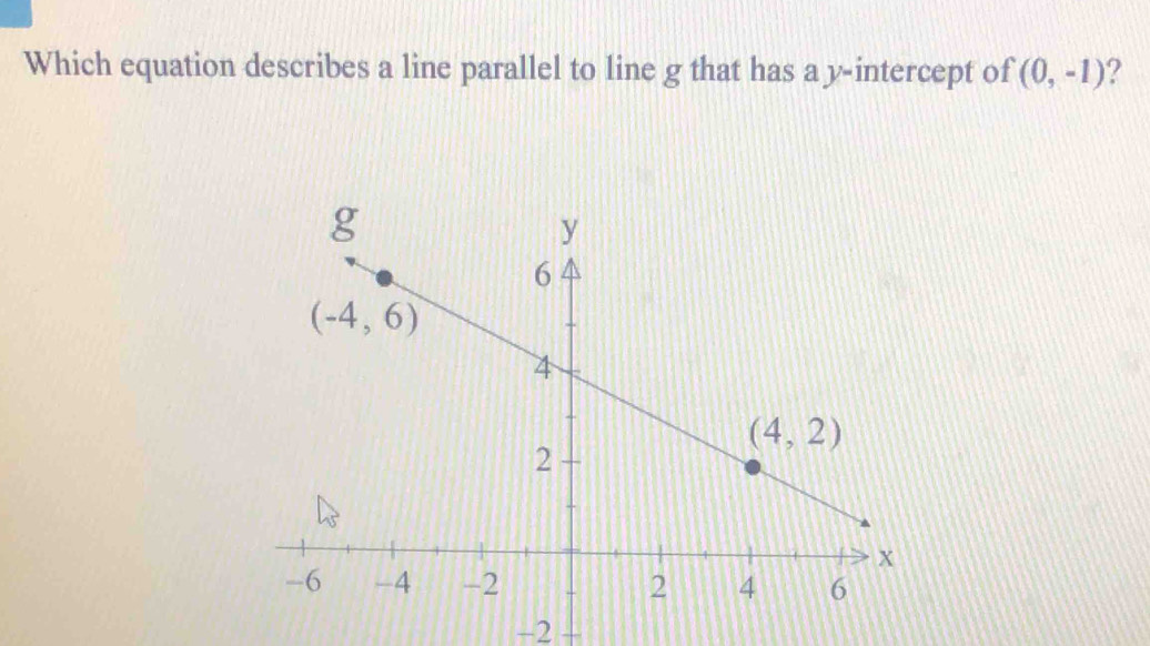 Which equation describes a line parallel to line g that has a y-intercept of (0,-1) ?
-2