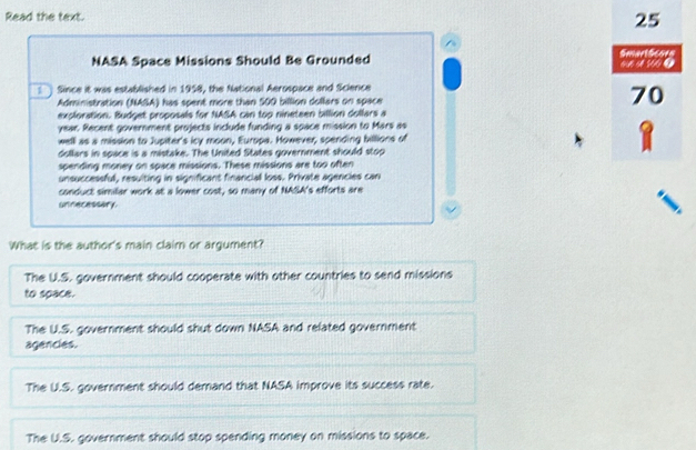Solved: Read the text. NASA Space Missions Should Be Grounded Since it ...
