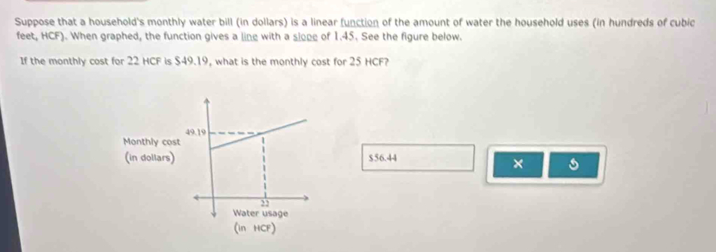 Suppose that a household's monthly water bill (in dollars) is a linear function of the amount of water the household uses (in hundreds of cubic
feet, HCF). When graphed, the function gives a line with a slope of 1.45. See the figure below.
If the monthly cost for 22 HCF is $49.19, what is the monthly cost for 25 HCF?
$56.44
×