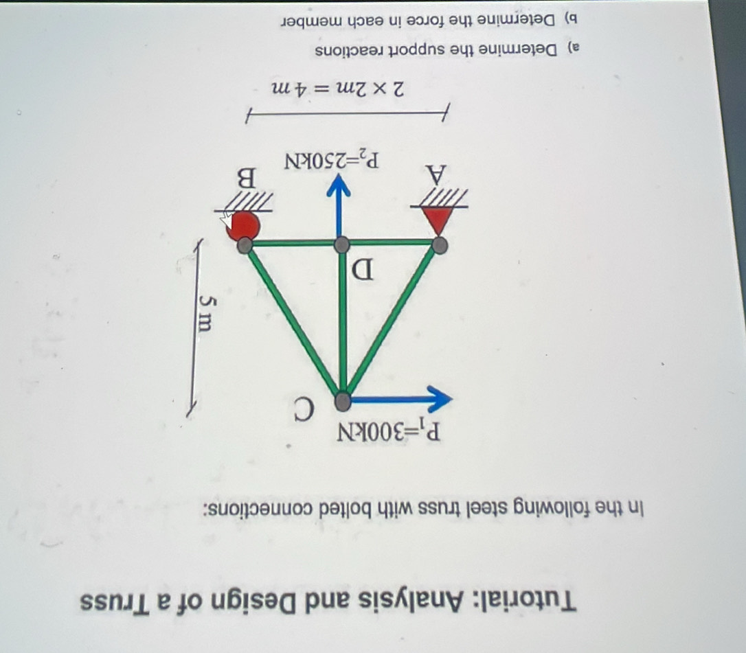 Tutorial: Analysis and Design of a Truss 
In the following steel truss with bolted connections:
P_1=300kN
C 

D 
A 
B
P_2=250kN
2* 2m=4m
a) Determine the support reactions 
b) Determine the force in each member