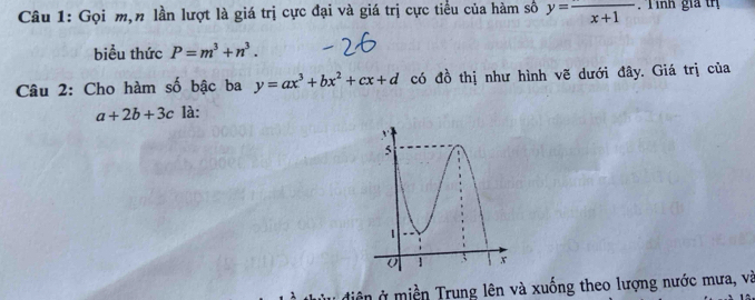 Gọi m,n lần lượt là giá trị cực đại và giá trị cực tiểu của hàm số y=frac x+1. Tính gia trị 
biểu thức P=m^3+n^3. 
Câu 2: Cho hàm số bậc ba y=ax^3+bx^2+cx+d có đồ thị như hình vẽ dưới đây. Giá trị của
a+2b+3c là: 
diện ở miền Trung lên và xuống theo lượng nước mưa, và