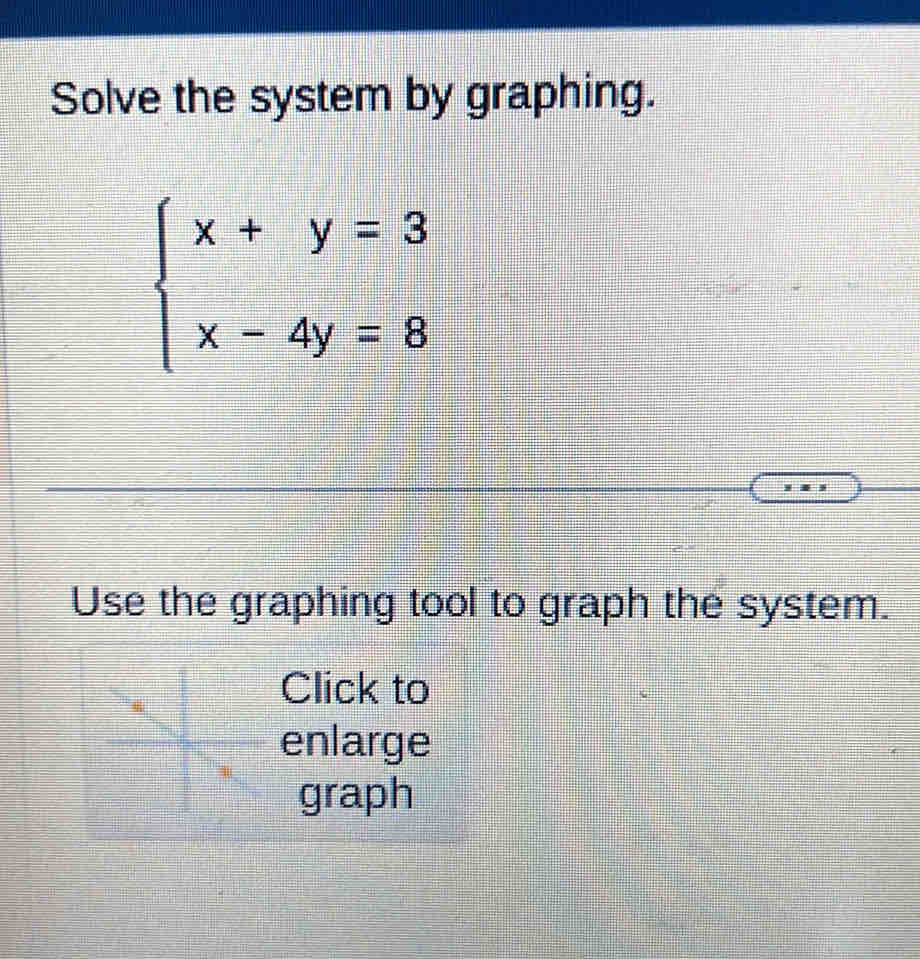 Solve the system by graphing.
beginarrayl x+y=3 x-4y=8endarray.
Use the graphing tool to graph the system. 
Click to 
enlarge 
graph