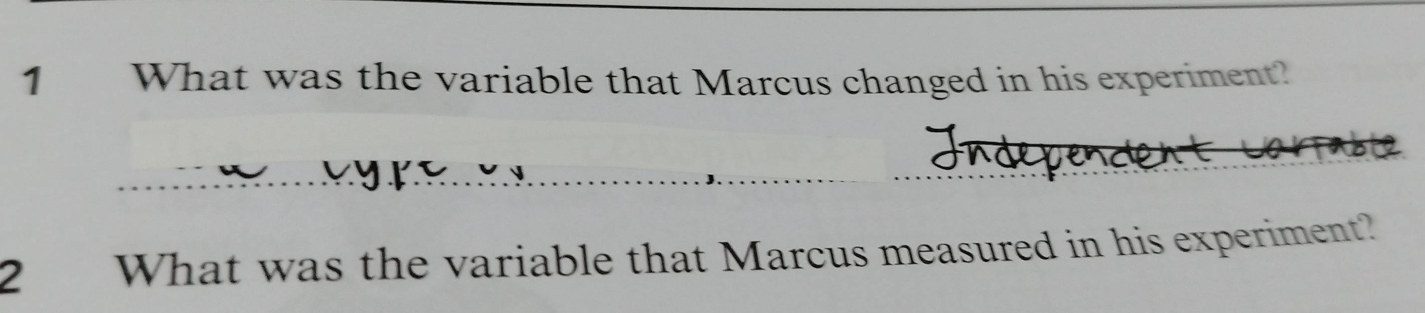 What was the variable that Marcus changed in his experiment? 
2 What was the variable that Marcus measured in his experiment?