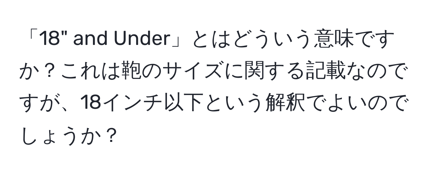 「18" and Under」とはどういう意味ですか？これは鞄のサイズに関する記載なのですが、18インチ以下という解釈でよいのでしょうか？