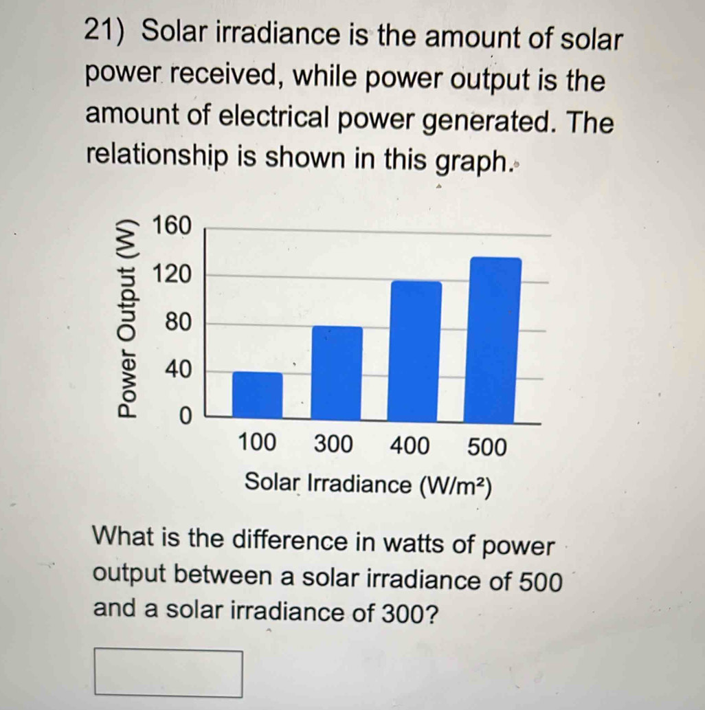 Solar irradiance is the amount of solar
power received, while power output is the
amount of electrical power generated. The
relationship is shown in this graph.
What is the difference in watts of power
output between a solar irradiance of 500
and a solar irradiance of 300?